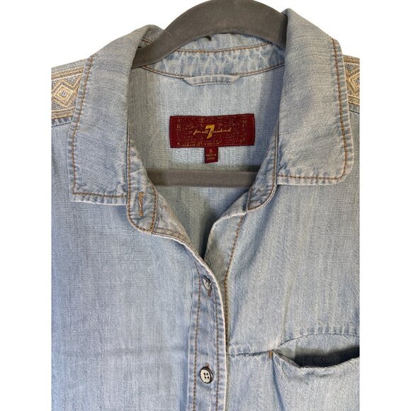 7 For All Mankind Womens Shirt Size Small Chambray Linen Blend Blue Embroidered - Picture 3 of 11